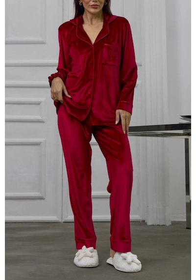 Gizotti Kırmızı Gofrajlı Kalp Nakışlı Uzun Kadife Pijama Takımı Xl Kırmızı
