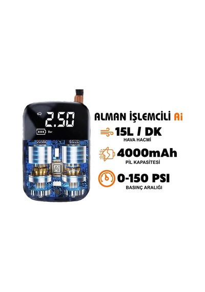 H-9293 Akıllı Hava Kompresörü, 4000mah Şarjlı, Araç Lastik Pompası, Taşınabilir Diğer