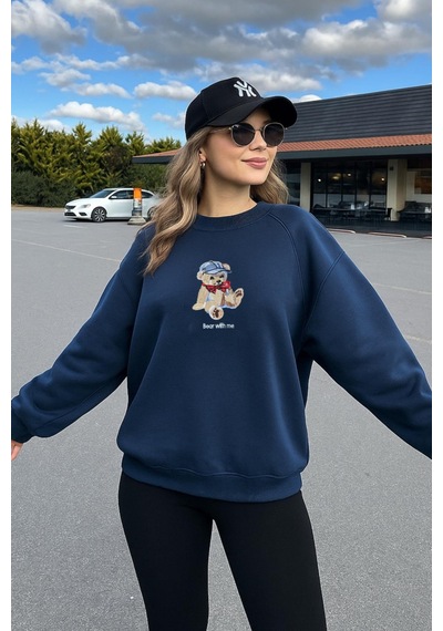 Fashion Friends Oversize Bisiklet Yaka Nakışlı Sweatshirt Lacivert
