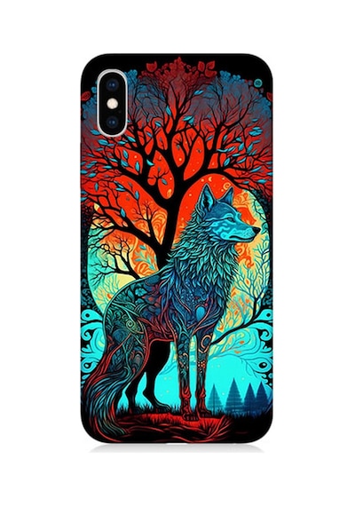 Apple Uyumlu iPhone X Silikon Kılıf Tribal Vitray Kurt Ve Ağaç