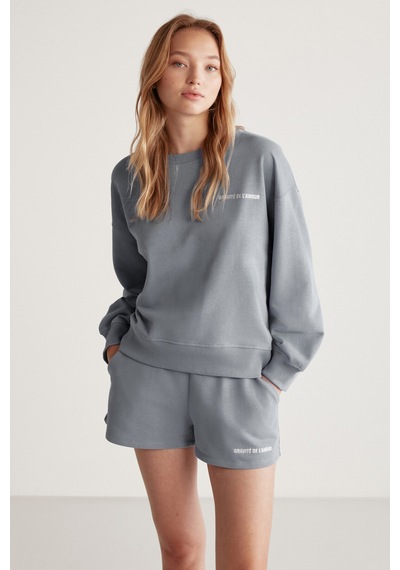 Grımelange Jennıfer  Kadın Organik Pamuklu Nakışlı Yuvarlak Yakalı Oversize Gri Sweatshirt