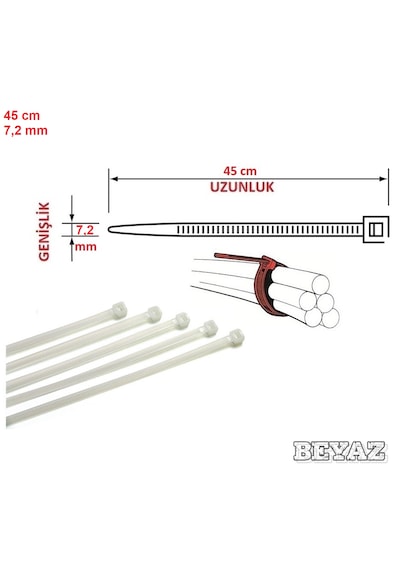 10 Adet 45cmx7,2mm Beyaz Plastik Cırt Kelepçe Kablo Bağı