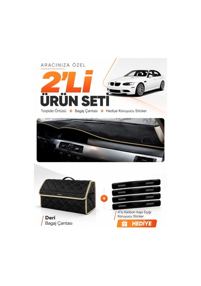 Bmw E90 2005-2013 Uyumlu Torpido Örtüsü + Deri Bagaj Çantası + Sticker Seti - Siyah Bej