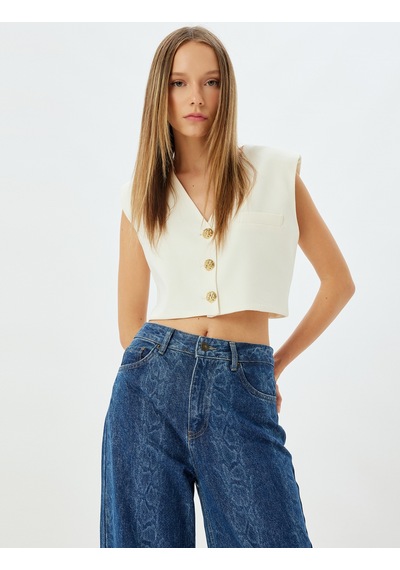 Koton Koton X Zeynep Bastık - Crop Blazer Yelek V Yaka Gold Düğmeli Ekru 5wak20016pw Ekru