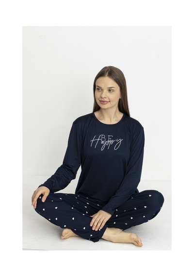 Estiva Kadın Kalp Alt Desenli Soft Uzun Kollu Pijama Takımı Lacivert