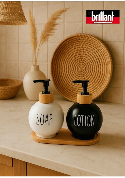 Lüks Tasarım Bambu Standlı 2'li Banyo Sabunluk Seti - Siyah & Beyaz Çok Renkli