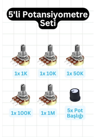 5'li Potansiyometre Seti + Pot Başlığı 1k 10k 50k 100k 1m
