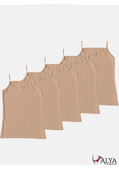 Alya Underwear %100 Pamuk Kumaşlı İp Askılı Kadın Atlet Jakarlı Ribana Kalp İşlemeli 5'li Paket Beyaz Ten Rengi