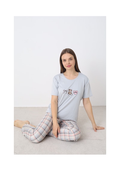 Elitol Nakışlı Milan Örme Kısa Kol Kadın Pijama Takımı Desenli-2