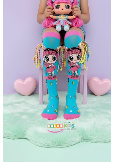Color Socks 1 Çift Örgü Saç Desenli Animasyon Kız Çocuk Çorap Topuksuz Turkuaz