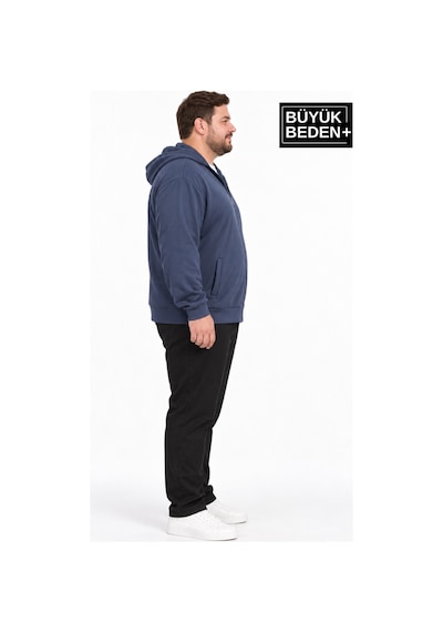Süperlife Erkek Büyük Beden İki İplik Kapüşonlu Fermuarlı Cepli Sweatshirt Hırka Spr26bhr961 Indigo