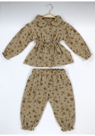 Babyhola Çiçek Desenli Müslin Kız Bebek Bayramlık Takım İkili Set 2013 Kahverengi