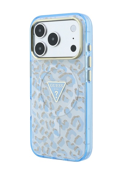 Apple iPhone Uyumlu 18 Pro Max Kılıf Guess  Lisanslı M-safeli Üçgen Logolu Simli Leopar Desenli Kapak Mavi