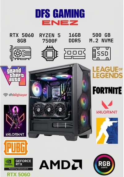 Dfs Gaming Enez R5-7500F 16 GB 500 GB M.2 SSD RTX5060 Free Dos Masaüstü Oyuncu Bilgisayarı