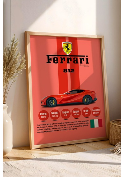 Ferrari 812 Kırmızı V12 Premium Spor Araba Tablosu - Teknik Özellikli İtalyan Otomobil Duvar Dekoru Kayın Ferrari 812 Kırmızı V12 Premium Spor Araba Tablosu - Teknik Özellikli İtalyan Otomobil Duvar Dekoru Kayın