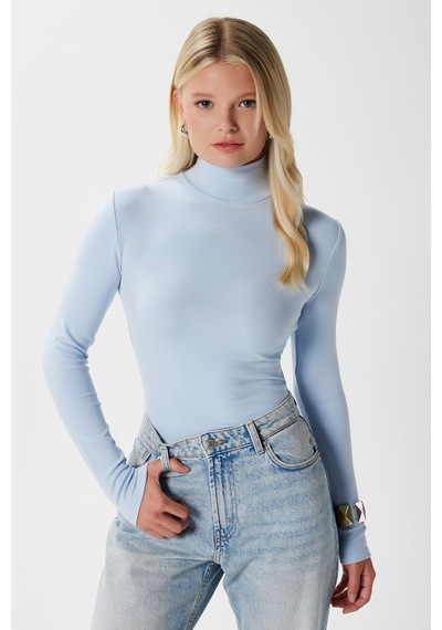 Ritnice Kadın Feel Lux Touch Dik Yaka Mavi Uzun Kol Soft Bluz Mavi