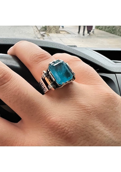 Açık Mavi Paraiba Taşlı 925 Ayar Gümüş Erkek Yüzüğü Gümüş