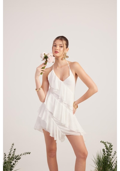 Holly Lolly Fırfır Detaylı Şifon Kumaş Mini Ulya Elbise Beyaz