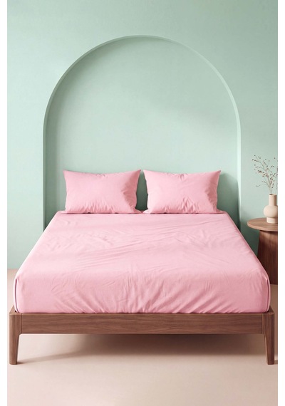 Soft Pembe %100 Pamuklu Çift Kişilik Lastikli Çarşaf Takımı - 3 Parça