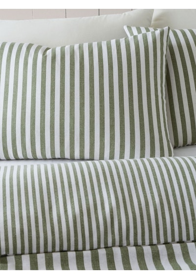 Caqqa Datça Boutique Çizgili Pamuk Çift Kişilik Nevresim Takımı Haki - Beyaz