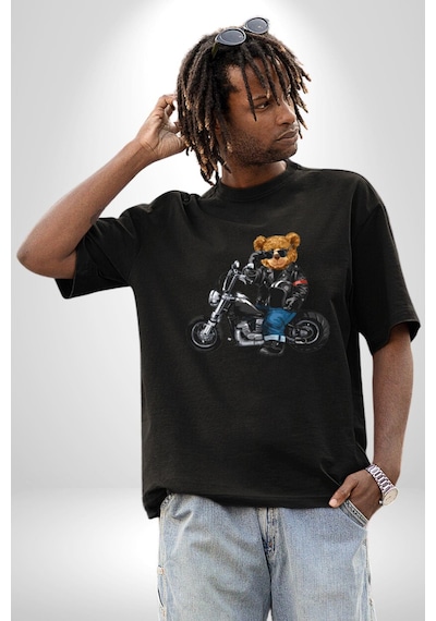 Kask Güneş Gözlüğü Motor Ayı Pamuklu Bisiklet Yaka Unisex Oversize Boyfriend Dijital Baskılı Siyah T-shirt Siyah