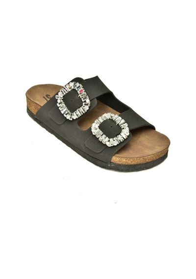 Fox Shoes K777604802 Siyah Süet Çift Tokalı Taşlı Kadın Terlik Siyah-süet Siyah