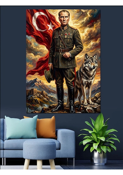 Atatürk Türk Bayrağı Ve Kurt Figürü Dekoratif Kanvas - Mdf Ahşap Tablo