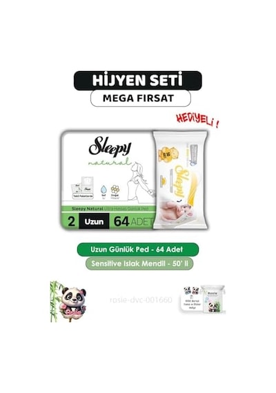 Natural Ultra Hassas Hijyenik Günlük Ped Uzun 64 Adet, Sensitive 50'li Islak Mendil Ve Rosıe