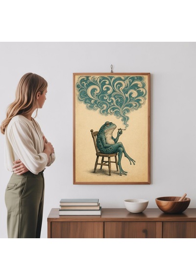 Tuhaf Sigara İçen Kurbağa Sanat Baskısı Japon Minimalist Sürreal Zen Dekorasyonu