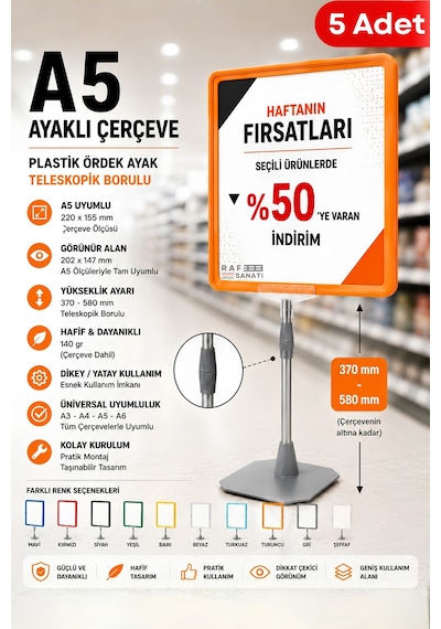 5 Adet - A5 Ayaklı Çerçeve Seti Plastik Ördek Ayak Teleskopik Borulu Fiyat Etiketliği Yönlendirme Levhası Menü Panosu Turuncu