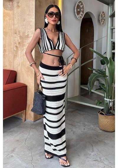 Moderie Butik Çizgili Bikini Üst Ve Etek Triko Takım 10110 Ekru