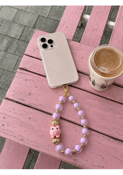 Les Petites Mains Lila Boncuklu Pembe Domuz Figürlü Çanta Aksesuarı Çanta Askısı Ve Anahtarlık