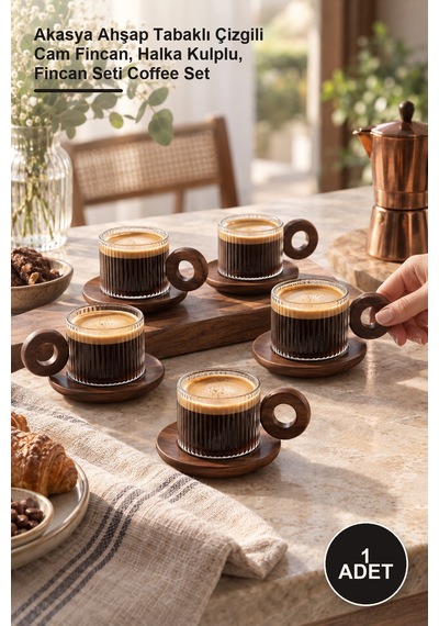 1 Adet Çizgili Akasya Kahve Takımı Akasya Ahşap Tabaklı Çizgili Cam Fincan, Halka Kulplu, Fincan Seti Coffee Set Diğer