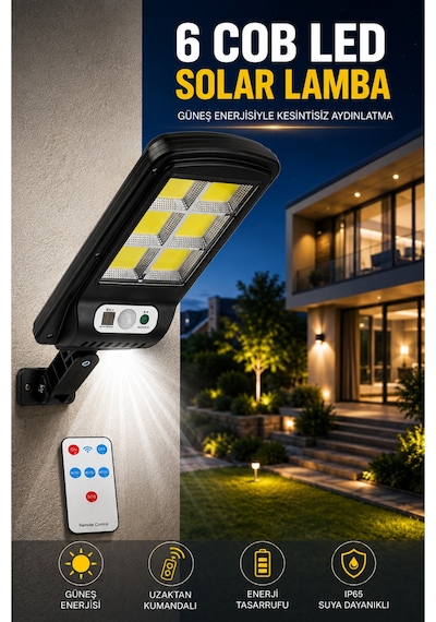 Hareket Sensörlü Solar Duvar Lambası 6 Cob Led 3 Modlu Uzaktan Kumandalı Bahçe Dış Mekan Aydınlatma