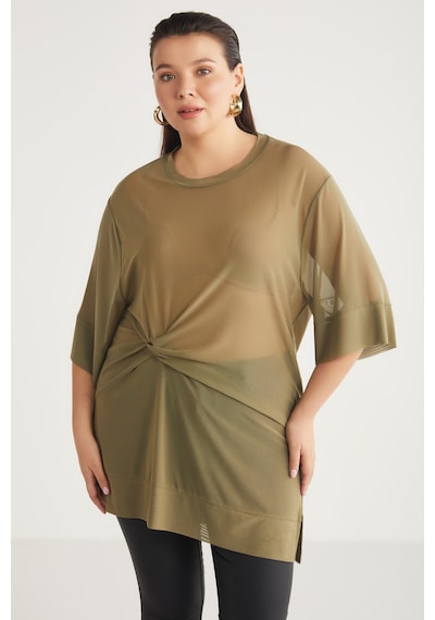 ETHIQUET YUKINBB Kadın Drape Detaylı Mesh Kumaşlı Yuvarlak Yaka Haki Büyük Beden Tunik