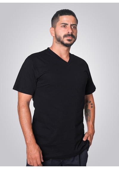 Lukitus Pamuklu V Yaka Kısa Kol Erkek T-shirt Siyah Siyah - Beyaz