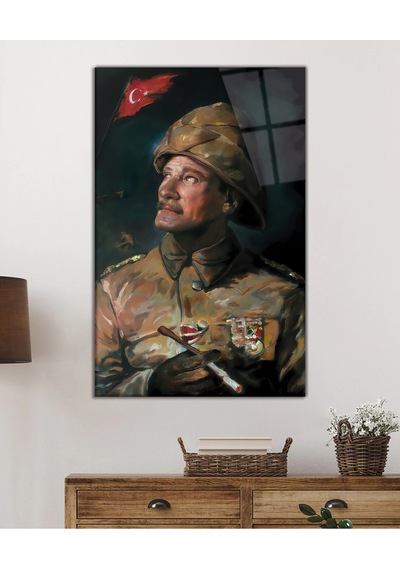 Yapay Zeka Üniformalı Mustafa Kemal Atatürk Portresi Cam Tablo, Temperli Dayanıklı Kırılmaz Cam