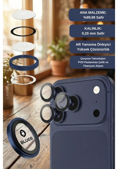% 99.99 Gerçek Safir Titanyum Kasa Apple Uyumlu iPhone 17 Pro / 17 Pro Max Kamera Lens Koruyucu, Ar - Mavi