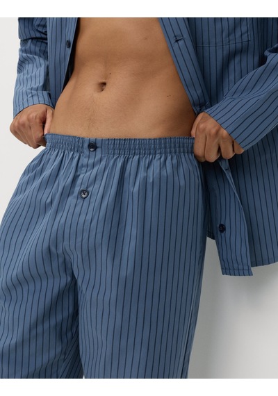 Marks & Spencer Saf Pamuklu Çizgili Pijama Takımı T07004778 Mavi