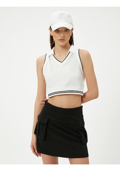 Koton Polo Yaka Crop Üst Kolsuz Çizgili Pamuklu Ekru 4sal30134ık Ekru