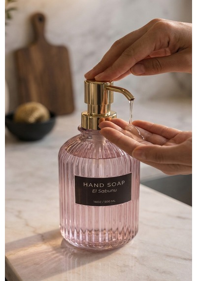 Buççin Online Mağaza Pembe 2'li Cam Sabunluk/deterjanlık, 500 Ml, Altın Renk Metal Stantlı, 21,5x9x23 Cm Cam Pembe Çok Renkli