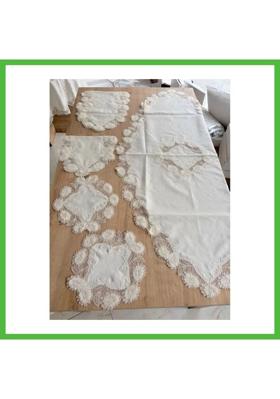 Vaveni Salon Takımı Çeyizlik Krem Runner Set 5 Parça Keten Masa Örtüsü Runneri Flowers Arz
