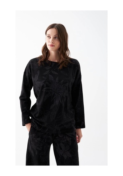 İkikareshop Kadın Oversize Siyah Çiçek Desenli Pamuklu Kalın Pijama Takımı Çok Renkli