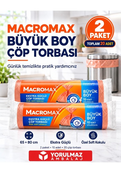 Macromax Büyük Boy Ekstra Güçlü Çöp Torbası 2 Paket Toplam 20 Adet
