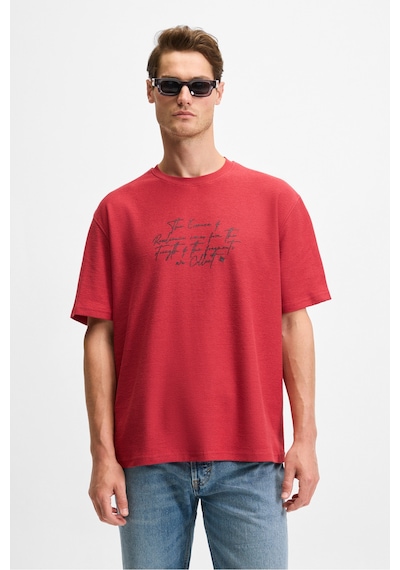 Grımelange BONDIA Erkek Baskı Detaylı %100 Organik Pamuk Oversize Fit Bisiklet Yakalı Kısa Kollu Bordo T-Shirt
