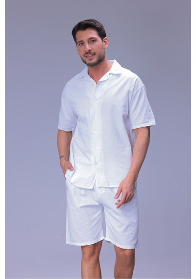 Erkek Rahat Kalıp Cepli Keten Gömlek Ve Beli Lastikli Şort Yazlık Oversize Takım Beyaz