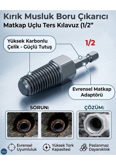 1/2 Kırık Boru Ve Musluk Çıkarıcı Matkap Ucu Ters Dişli Vida Sökme Aparatı, Altıgen Şaftlı Tesisat El Aleti