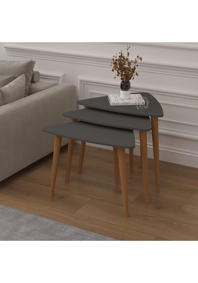 Asra Trend 3'lü Üçgen Zigon Sehpa Takımı SEHPA02 %100 MDF Ahşap Ayaklı Antrasit
