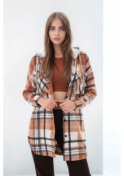 Mamayaga Kadın Desen Bloklu Oduncu Oversize Geniş Kalıp Casual Cepli Kapüşonlu Uzun Boy Ceket Gömlek Kahverengi Mamayaga Kadın Desen Bloklu Oduncu Oversize Geniş Kalıp Casual Cepli Kapüşonlu Uzun Boy Ceket Gömlek Kahverengi