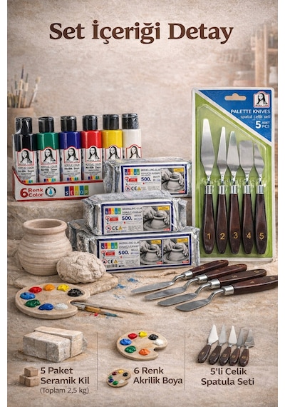 Seramik Hobi Başlangıç Seti 5x500gr Kil + 6'lı Akrilik Boya + 5'li Spatula Seti